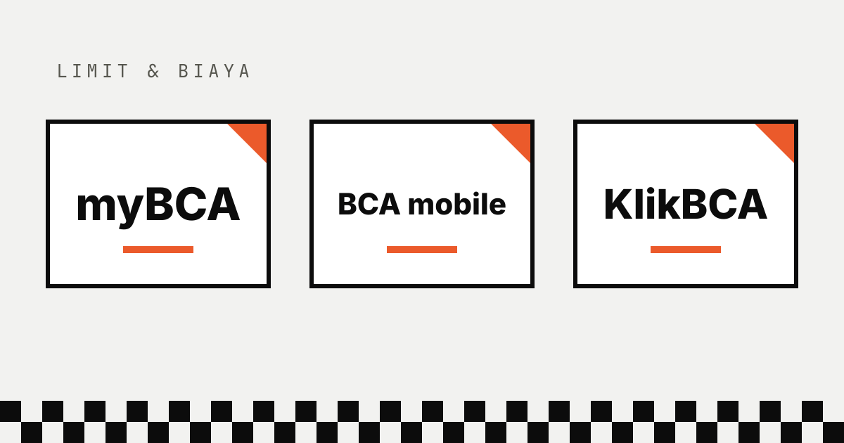 Ilustrasi tiga kotak berbingkai hitam bertuliskan myBCA, BCA mobile, dan KlikBCA dengan sudut oranye, di bawah label Limit & Biaya